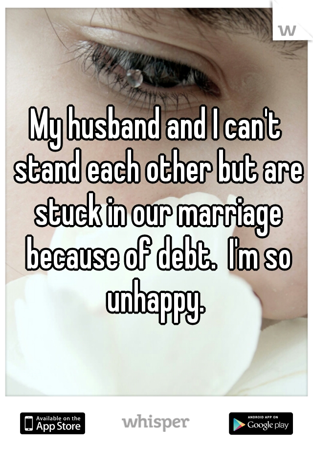 My husband and I can't stand each other but are stuck in our marriage because of debt.  I'm so unhappy. 