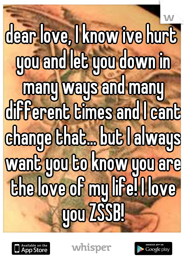 dear love, I know ive hurt you and let you down in many ways and many different times and I cant change that... but I always want you to know you are the love of my life! I love you ZSSB!