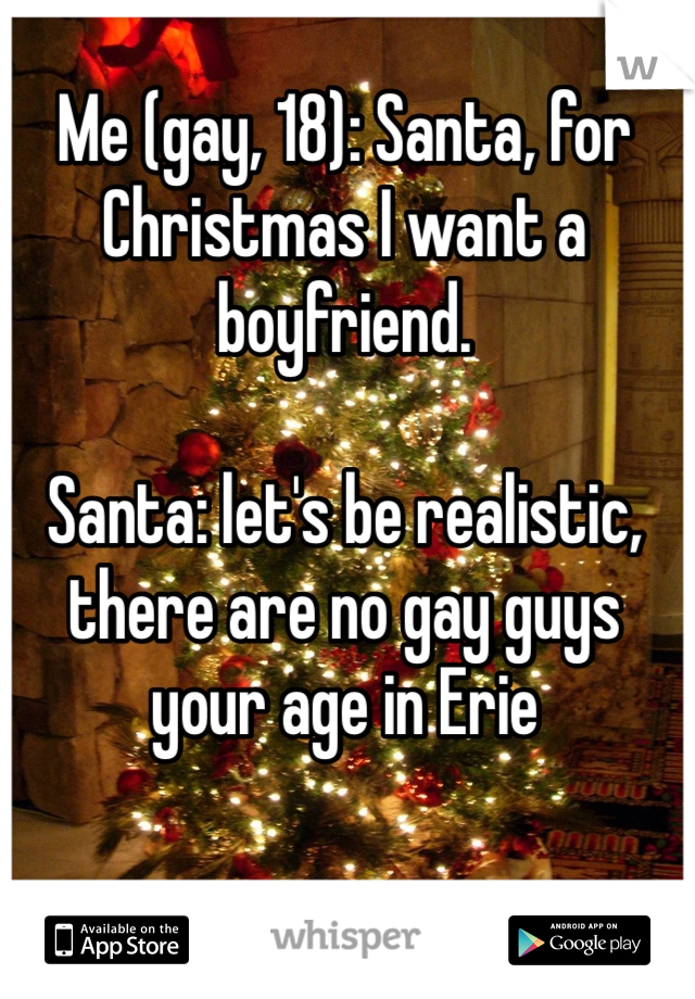 Me (gay, 18): Santa, for Christmas I want a boyfriend.

Santa: let's be realistic, there are no gay guys your age in Erie