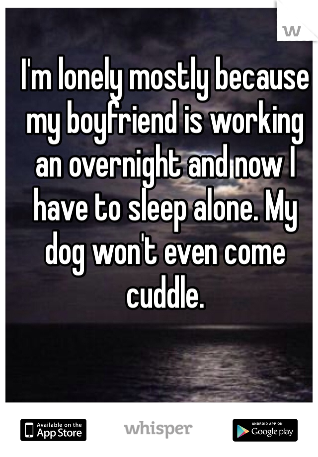 I'm lonely mostly because my boyfriend is working an overnight and now I have to sleep alone. My dog won't even come cuddle. 
