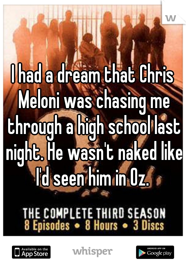 I had a dream that Chris Meloni was chasing me through a high school last night. He wasn't naked like I'd seen him in Oz. 