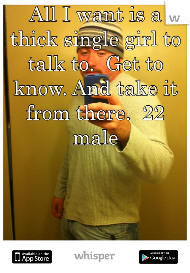 All I want is a thick single girl to talk to.  Get to know. And take it from there.  22 male  