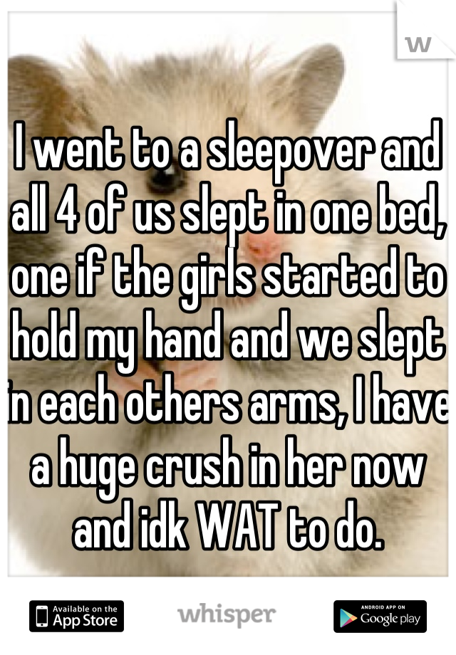 I went to a sleepover and all 4 of us slept in one bed, one if the girls started to hold my hand and we slept in each others arms, I have a huge crush in her now and idk WAT to do.