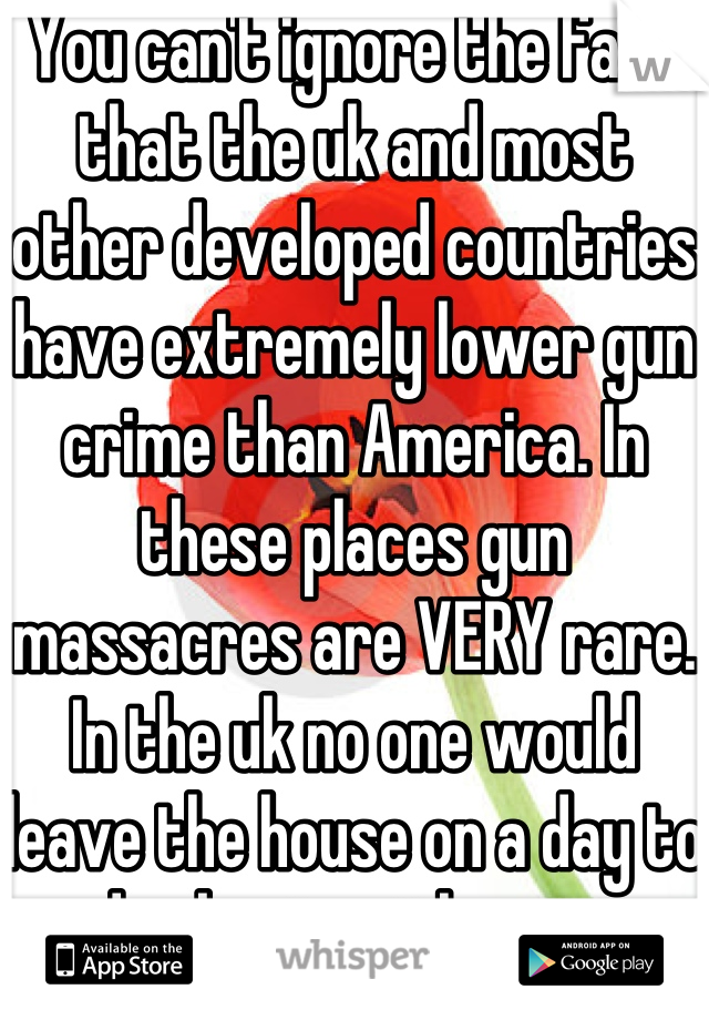 You can't ignore the fact that the uk and most other developed countries have extremely lower gun crime than America. In these places gun massacres are VERY rare. In the uk no one would leave the house on a day to day basis with a gun