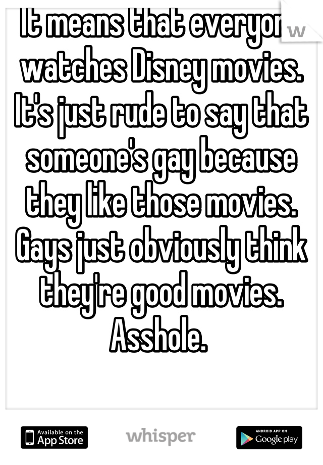 It means that everyone watches Disney movies. It's just rude to say that someone's gay because they like those movies. Gays just obviously think they're good movies. Asshole. 