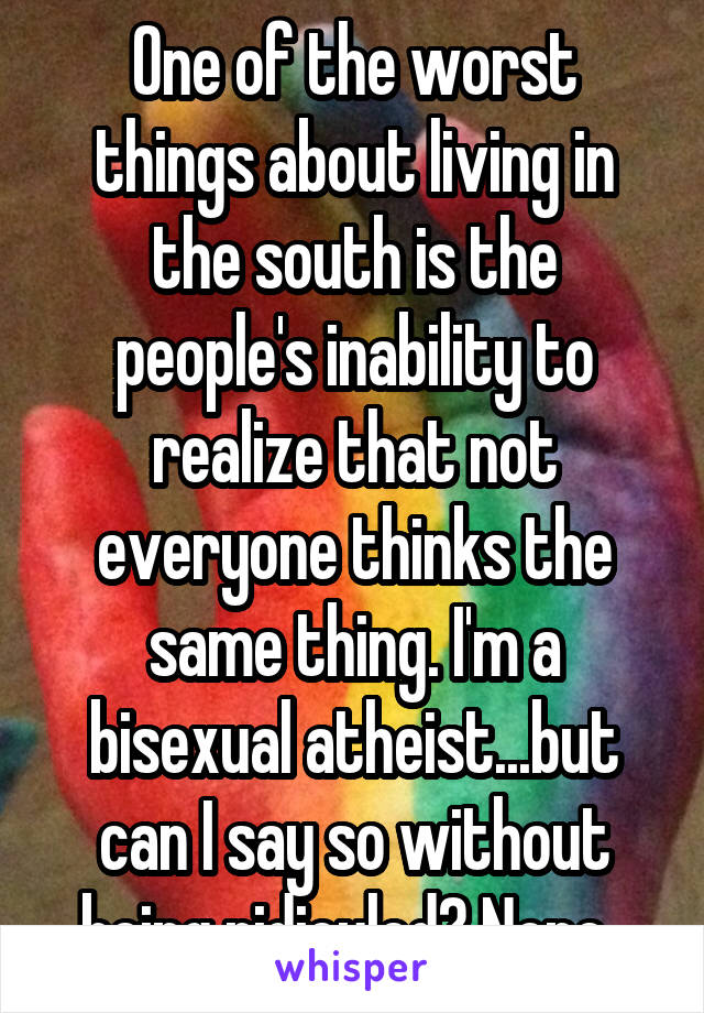 One of the worst things about living in the south is the people's inability to realize that not everyone thinks the same thing. I'm a bisexual atheist...but can I say so without being ridiculed? Nope. 