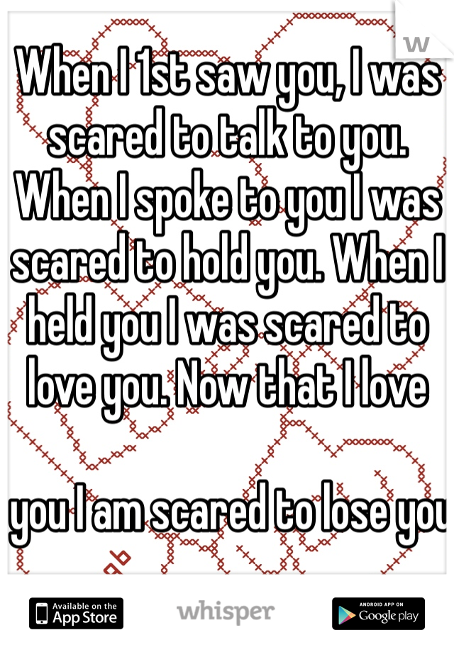 When I 1st saw you, I was scared to talk to you. When I spoke to you I was scared to hold you. When I held you I was scared to love you. Now that I love 

 you I am scared to lose you
