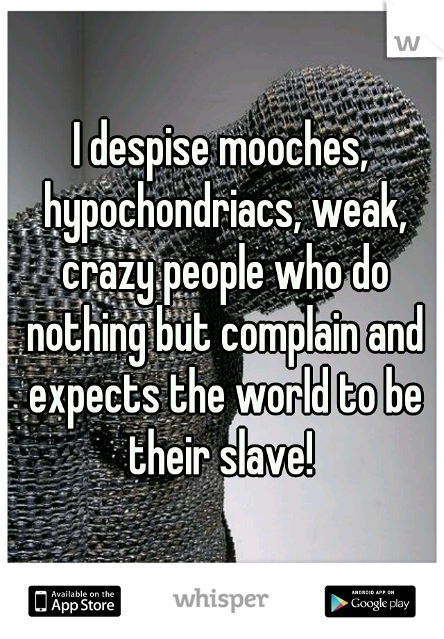 I despise mooches, hypochondriacs, weak, crazy people who do nothing but complain and expects the world to be their slave! 