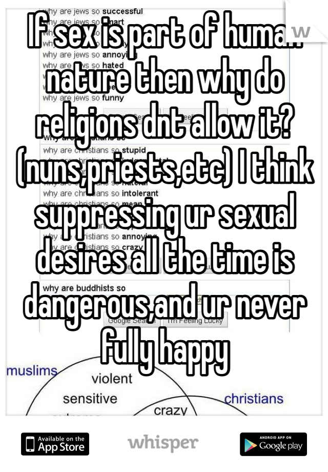 If sex is part of human nature then why do religions dnt allow it?(nuns,priests,etc) I think suppressing ur sexual desires all the time is dangerous,and ur never fully happy