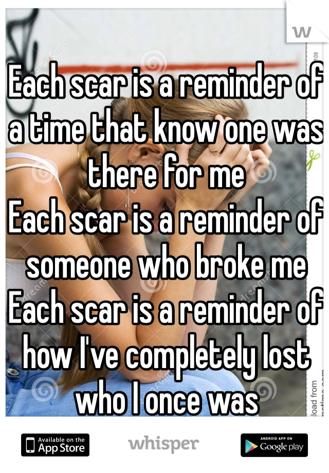 Each scar is a reminder of a time that know one was there for me
Each scar is a reminder of someone who broke me
Each scar is a reminder of how I've completely lost who I once was