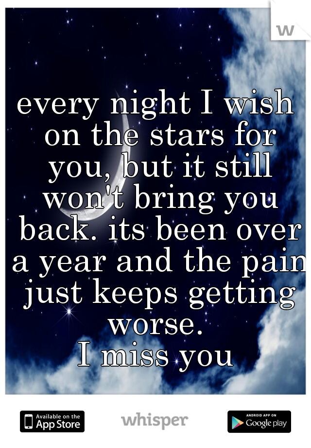 every night I wish on the stars for you, but it still won't bring you back. its been over a year and the pain just keeps getting worse. 
I miss you