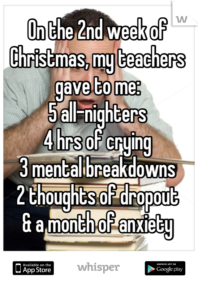 On the 2nd week of Christmas, my teachers gave to me:
5 all-nighters
4 hrs of crying
3 mental breakdowns
2 thoughts of dropout
& a month of anxiety
 😩