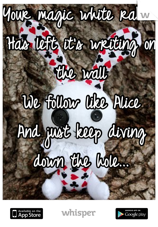 Your magic white rabbit
Has left it's writing on the wall
We follow like Alice
And just keep diving down the hole...