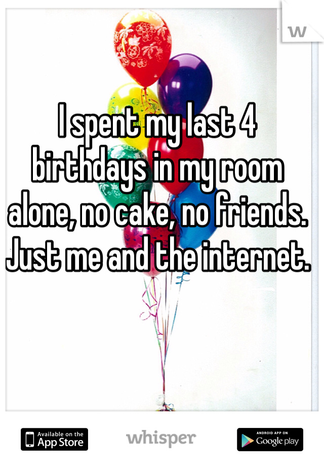 I spent my last 4 birthdays in my room alone, no cake, no friends. Just me and the internet.