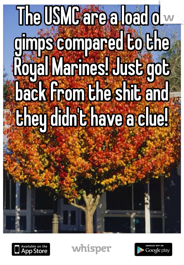 The USMC are a load of gimps compared to the Royal Marines! Just got back from the shit and they didn't have a clue! 