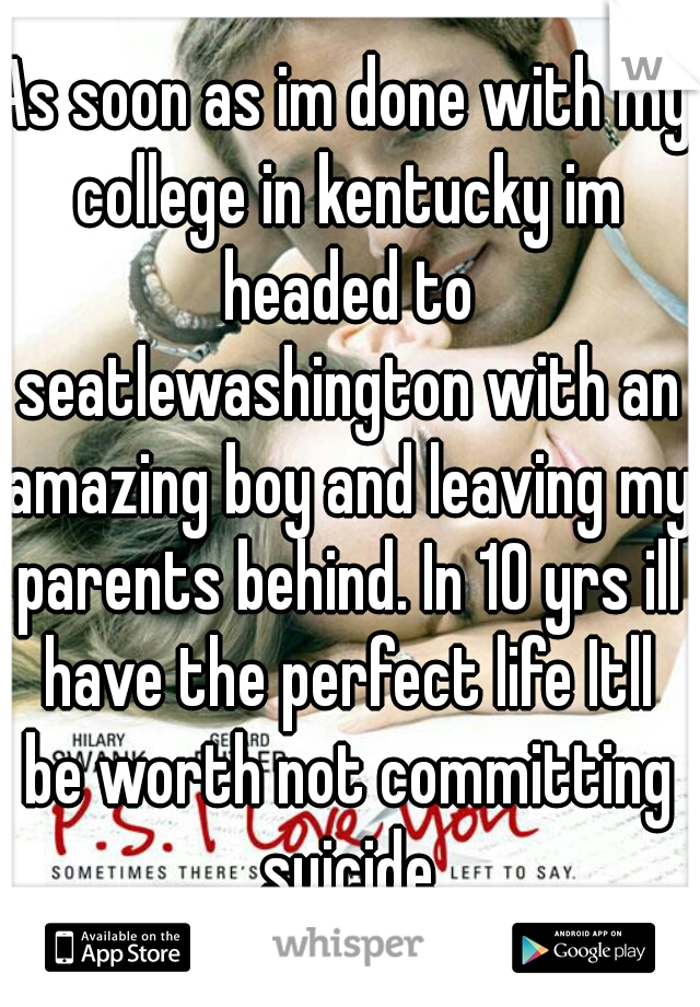 As soon as im done with my college in kentucky im headed to seatlewashington with an amazing boy and leaving my parents behind. In 10 yrs ill have the perfect life Itll be worth not committing suicide