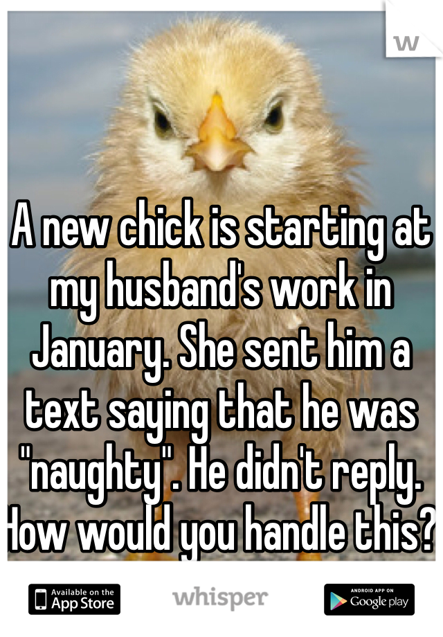 A new chick is starting at my husband's work in January. She sent him a text saying that he was "naughty". He didn't reply. How would you handle this? 