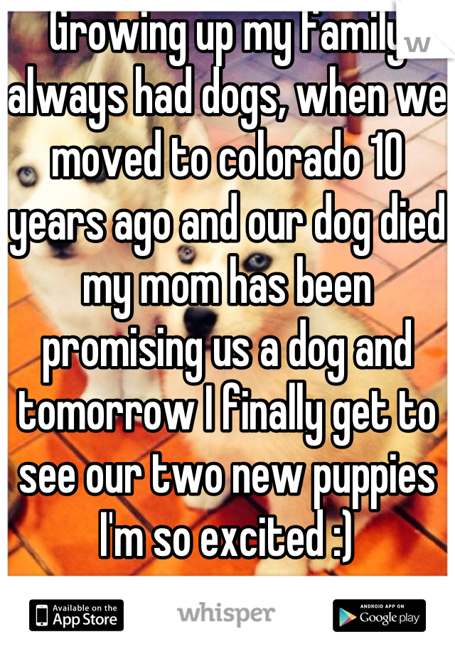 Growing up my family always had dogs, when we moved to colorado 10 years ago and our dog died my mom has been promising us a dog and tomorrow I finally get to see our two new puppies I'm so excited :)