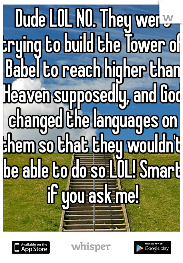 Dude LOL NO. They were trying to build the Tower of Babel to reach higher than Heaven supposedly, and God changed the languages on them so that they wouldn't be able to do so LOL! Smart if you ask me! 