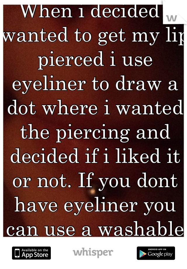 When i decided i wanted to get my lip pierced i use eyeliner to draw a dot where i wanted the piercing and decided if i liked it or not. If you dont have eyeliner you can use a washable pen or marker.