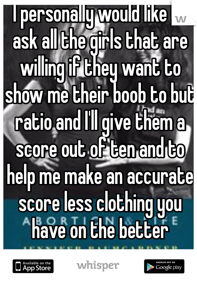 I personally would like to ask all the girls that are willing if they want to show me their boob to but ratio and I'll give them a score out of ten and to help me make an accurate score less clothing you have on the better