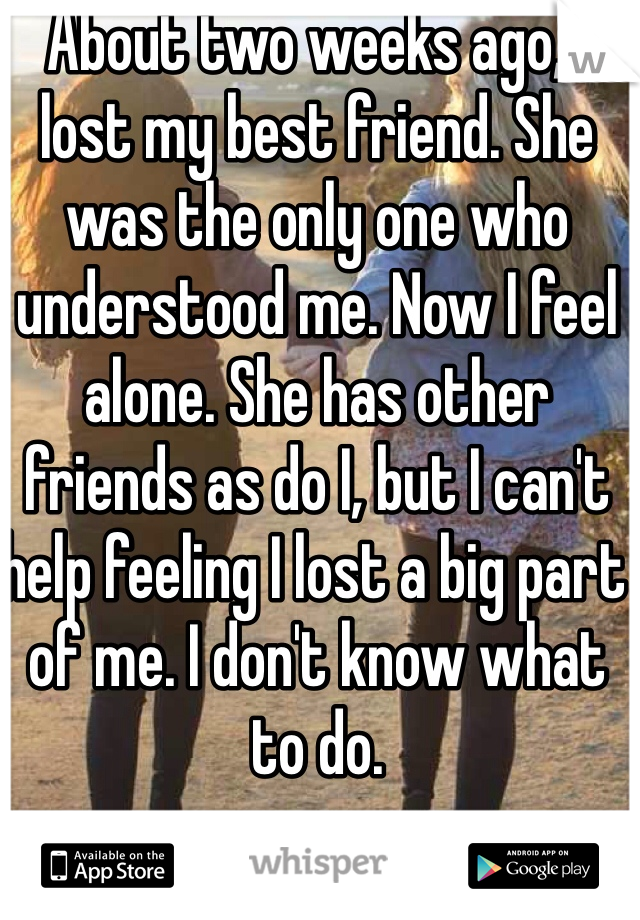 About two weeks ago, I lost my best friend. She was the only one who understood me. Now I feel alone. She has other friends as do I, but I can't help feeling I lost a big part of me. I don't know what to do.