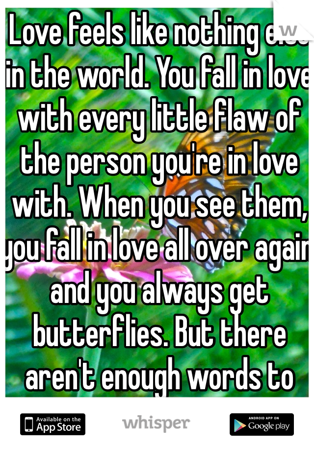 Love feels like nothing else in the world. You fall in love with every little flaw of the person you're in love with. When you see them, you fall in love all over again and you always get butterflies. But there aren't enough words to describe the feeling of love. 