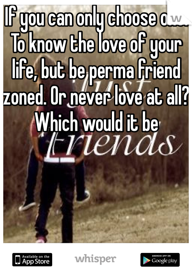 If you can only choose one. To know the love of your life, but be perma friend zoned. Or never love at all? Which would it be