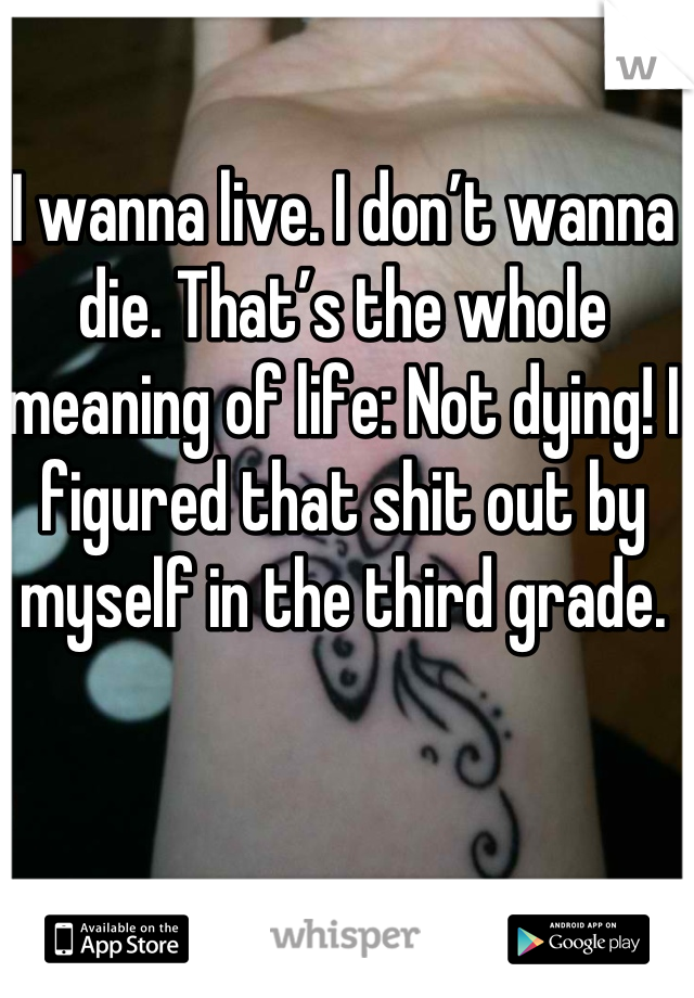 I wanna live. I don’t wanna die. That’s the whole meaning of life: Not dying! I figured that shit out by myself in the third grade.
