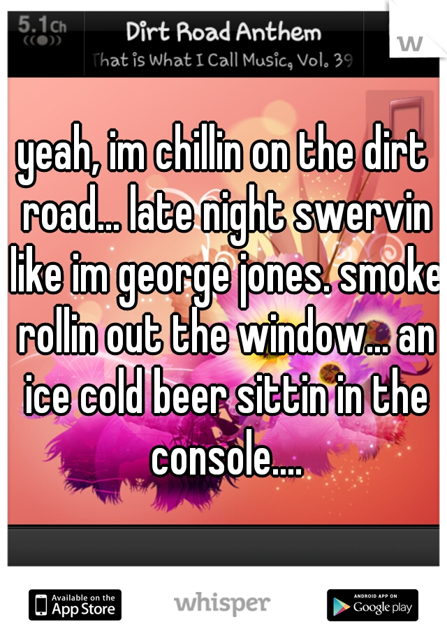 yeah, im chillin on the dirt road... late night swervin like im george jones. smoke rollin out the window... an ice cold beer sittin in the console....