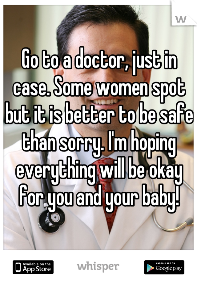 Go to a doctor, just in case. Some women spot but it is better to be safe than sorry. I'm hoping everything will be okay for you and your baby!