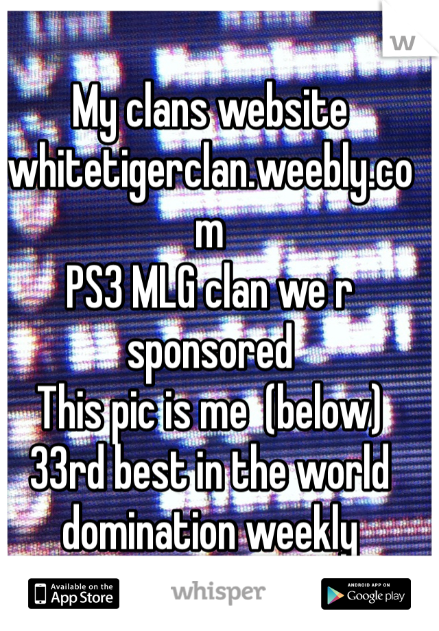 My clans website 
whitetigerclan.weebly.com 
PS3 MLG clan we r sponsored
This pic is me  (below) 33rd best in the world domination weekly 