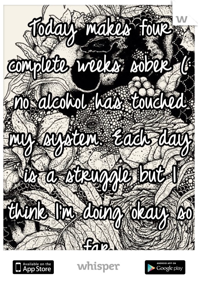 Today makes four complete weeks sober (: no alcohol has touched my system. Each day is a struggle but I think I'm doing okay so far.