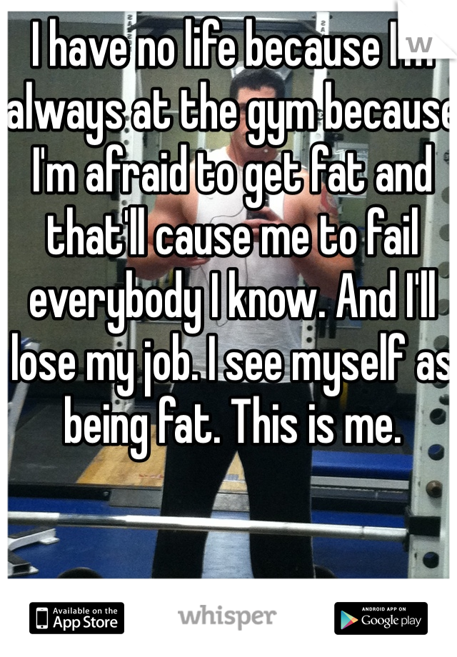 I have no life because I'm always at the gym because I'm afraid to get fat and that'll cause me to fail everybody I know. And I'll lose my job. I see myself as being fat. This is me.