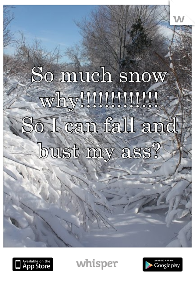 So much snow why!!!!!!!!!!!!! 
So I can fall and bust my ass?