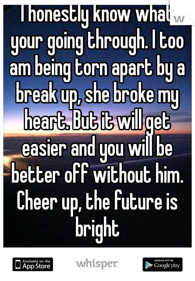 I honestly know what your going through. I too am being torn apart by a break up, she broke my heart. But it will get easier and you will be better off without him. Cheer up, the future is bright 