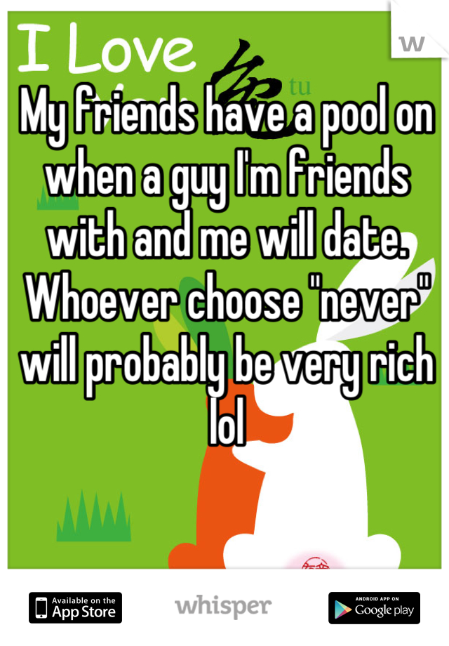 My friends have a pool on when a guy I'm friends with and me will date. Whoever choose "never" will probably be very rich lol
