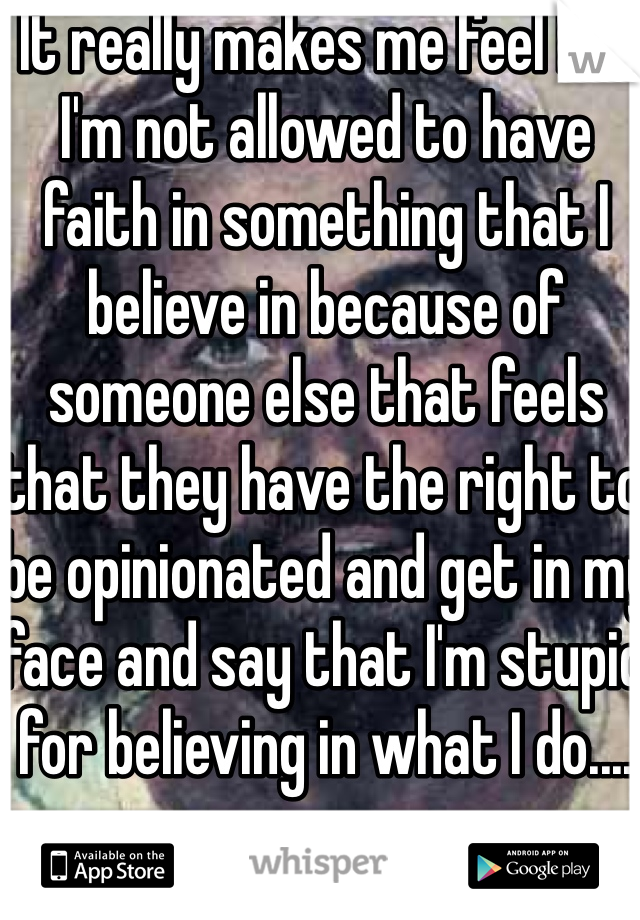 It really makes me feel like I'm not allowed to have faith in something that I believe in because of someone else that feels that they have the right to be opinionated and get in my face and say that I'm stupid for believing in what I do.... 