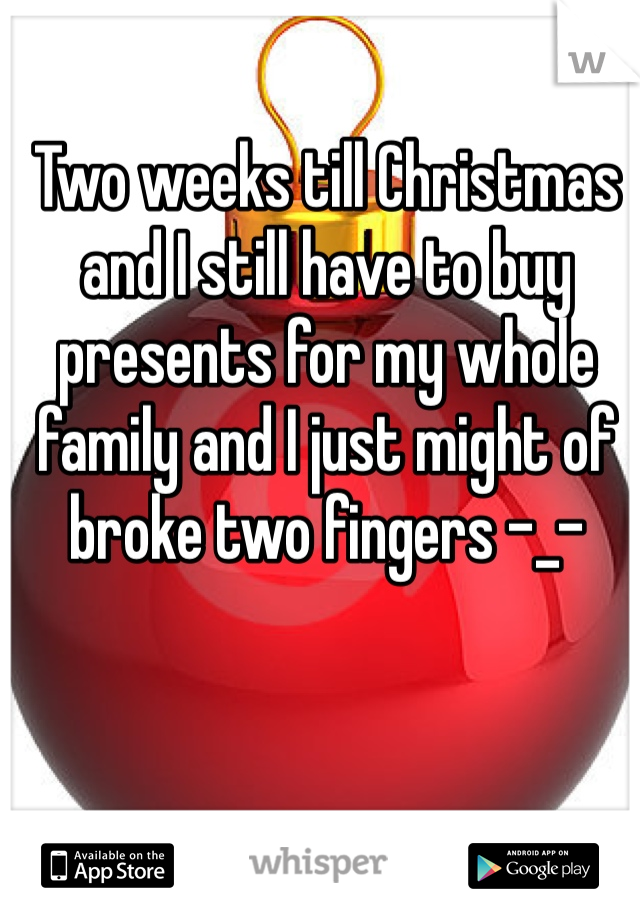 Two weeks till Christmas and I still have to buy presents for my whole family and I just might of broke two fingers -_-