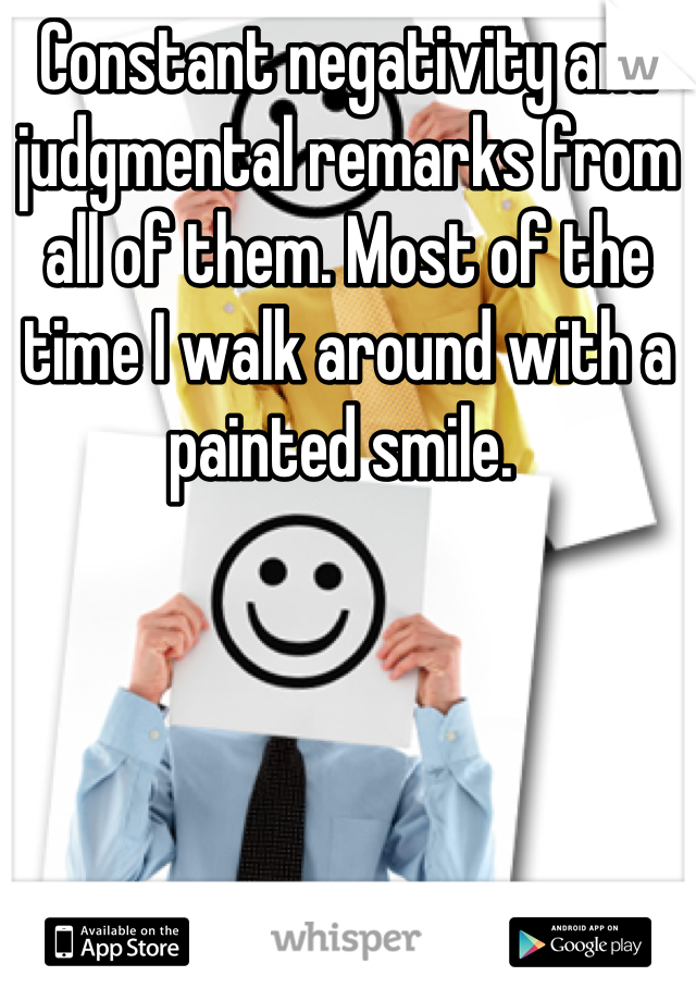 Constant negativity and judgmental remarks from all of them. Most of the time I walk around with a painted smile. 