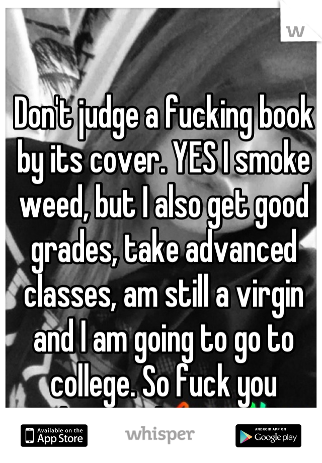 Don't judge a fucking book by its cover. YES I smoke weed, but I also get good grades, take advanced classes, am still a virgin and I am going to go to college. So fuck you judgmental ass people.