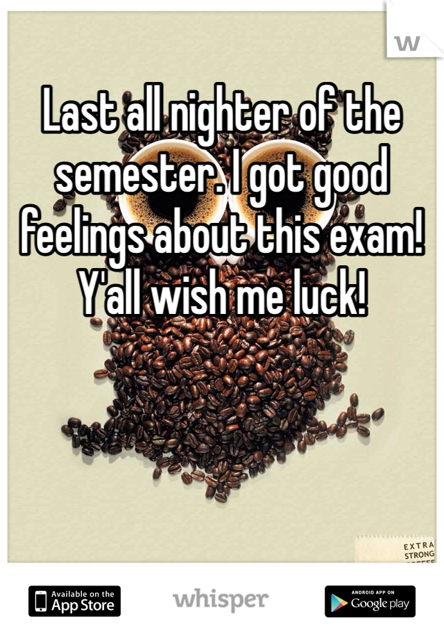 Last all nighter of the semester. I got good feelings about this exam! Y'all wish me luck! 