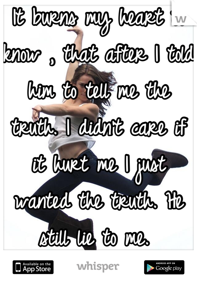 It burns my heart to know , that after I told him to tell me the truth. I didn't care if it hurt me I just wanted the truth. He still lie to me. 