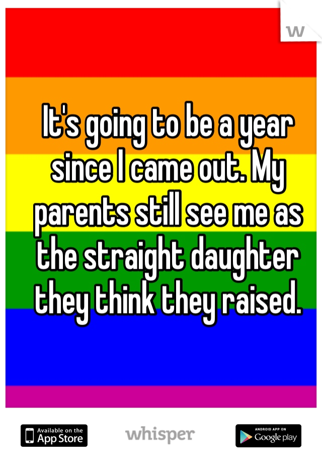 It's going to be a year since I came out. My parents still see me as the straight daughter they think they raised. 