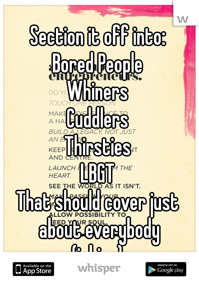 Section it off into:
Bored People
Whiners
Cuddlers
Thirsties
LBGT
That should cover just about everybody
(joking)