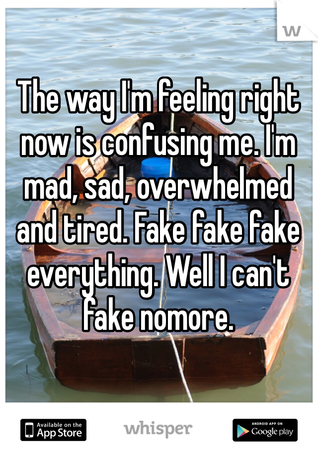 The way I'm feeling right now is confusing me. I'm mad, sad, overwhelmed and tired. Fake fake fake everything. Well I can't fake nomore. 