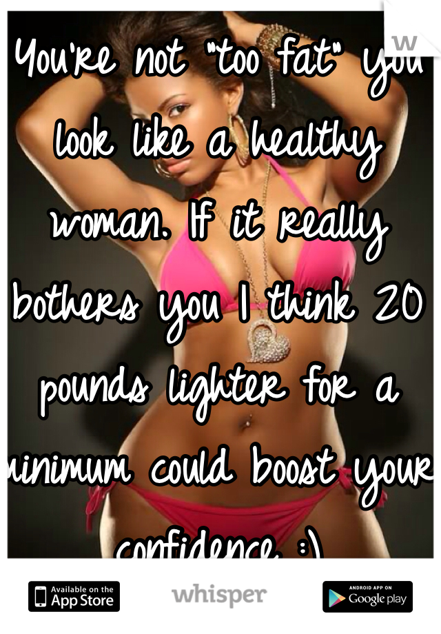You're not "too fat" you look like a healthy woman. If it really bothers you I think 20 pounds lighter for a minimum could boost your confidence :) 
