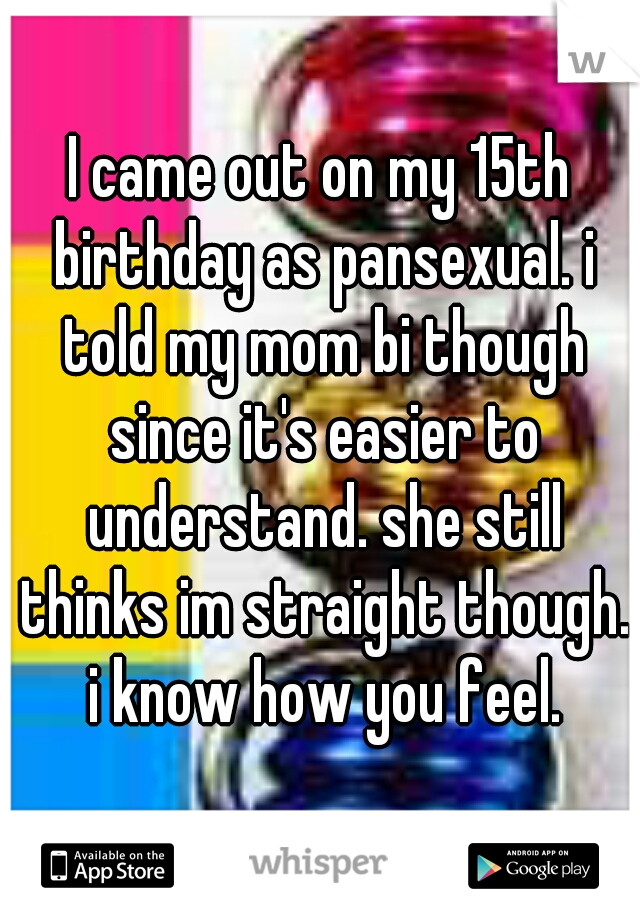 I came out on my 15th birthday as pansexual. i told my mom bi though since it's easier to understand. she still thinks im straight though. i know how you feel.