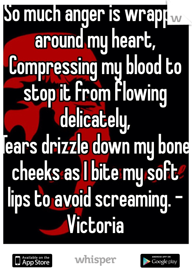 So much anger is wrapped around my heart,
Compressing my blood to stop it from flowing delicately,
Tears drizzle down my bone cheeks as I bite my soft lips to avoid screaming. -Victoria 