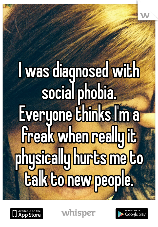 I was diagnosed with social phobia.
Everyone thinks I'm a freak when really it physically hurts me to talk to new people. 